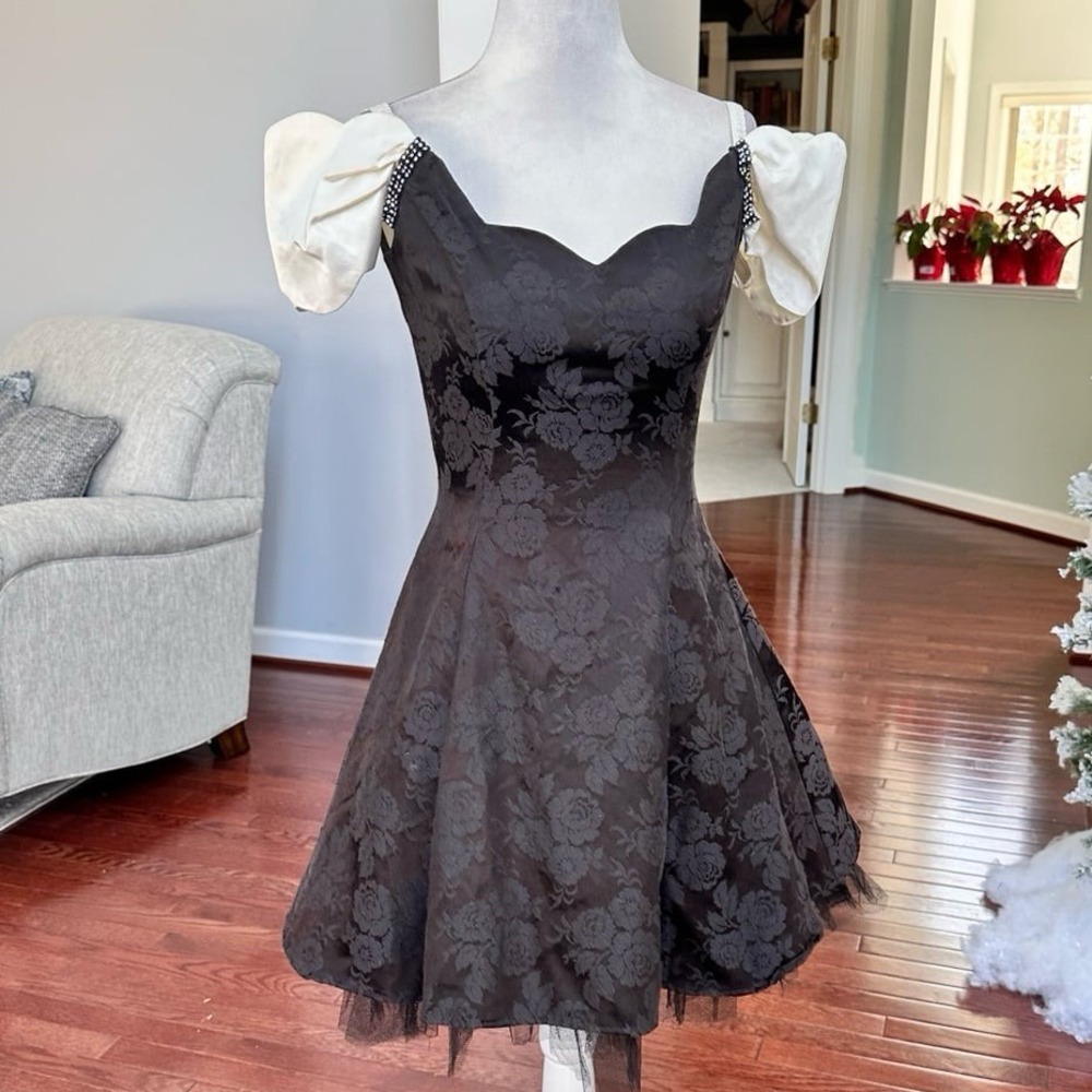 Vintage Roberta Black Embossed Floral Scalloped Off the Shoulder Cocktail Dress